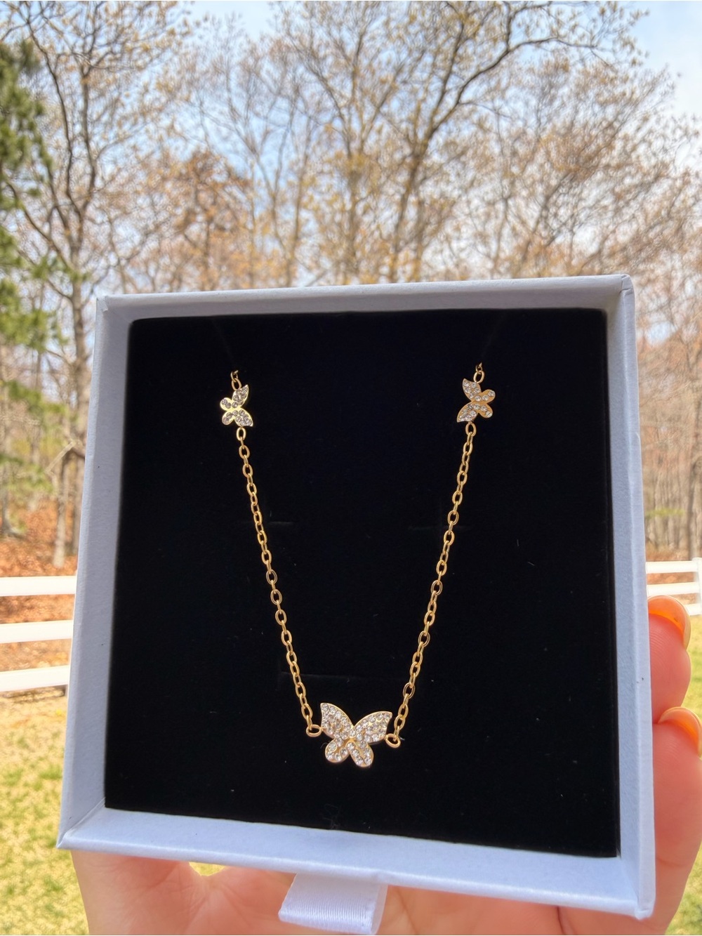 Gold Butterfly Pendant Necklace in Gold Tone